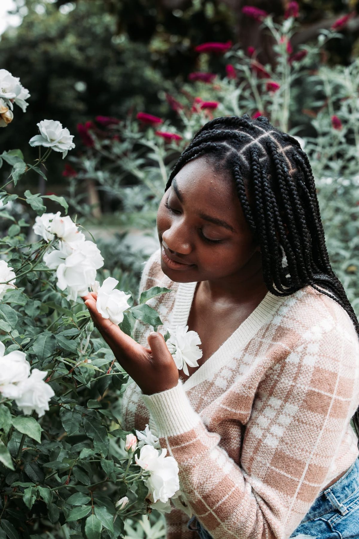 A woman leaning toward white roses in a garden, eyes closed
